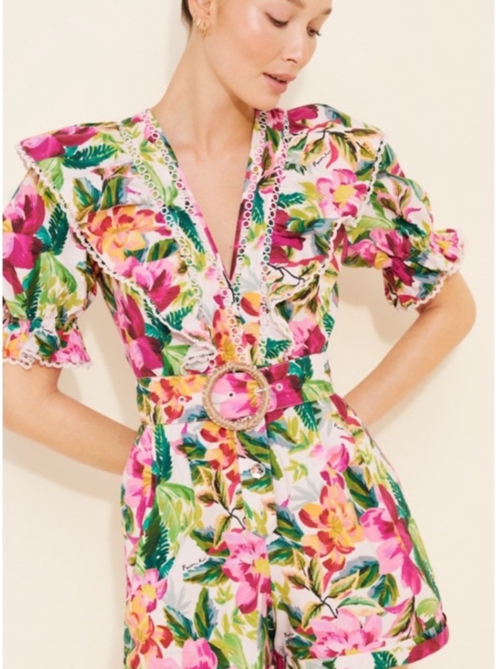 FARM Rio Pink Multi Floral Belted V-Neck romper shorts